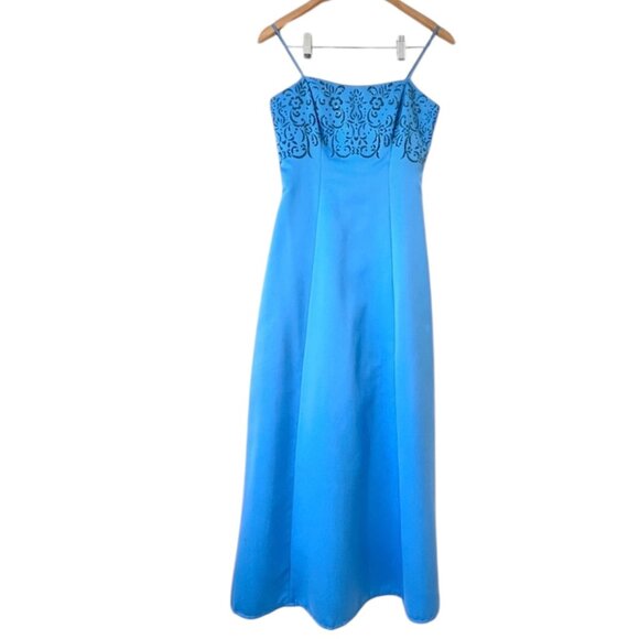 Jump Apparel Vintage 90s Y2K Satin Blue Sequin Glitter Maxi Prom Party Dress S/M - Picture 1 of 12
